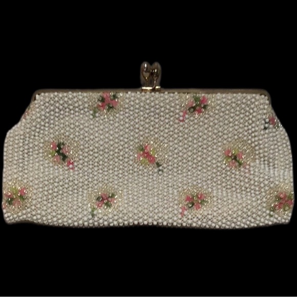 Vintage Frame Beaded Evening Bag, Ivory, Clear, Pink, Green Beading, Kiss Clasp - Picture 4 of 11
